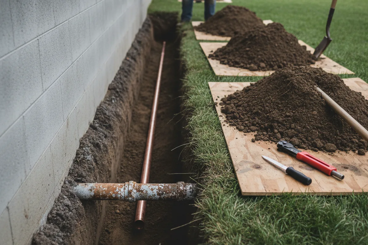 Excavated water line trench during Water Softener Installation in Sherrodsville